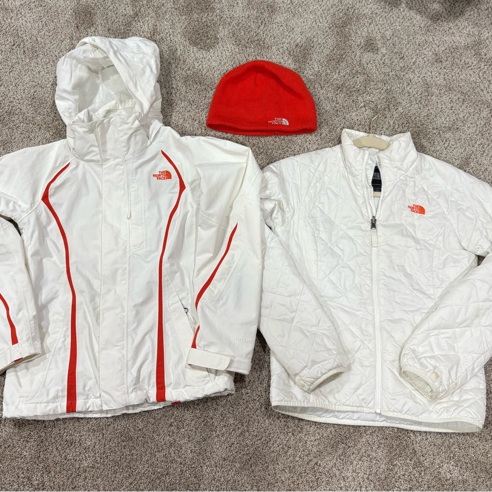 3 Piece The North Face White and Orange Ski & Puffer Jackets